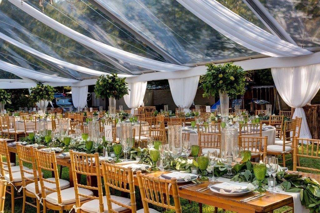 garden wedding in clear top tent