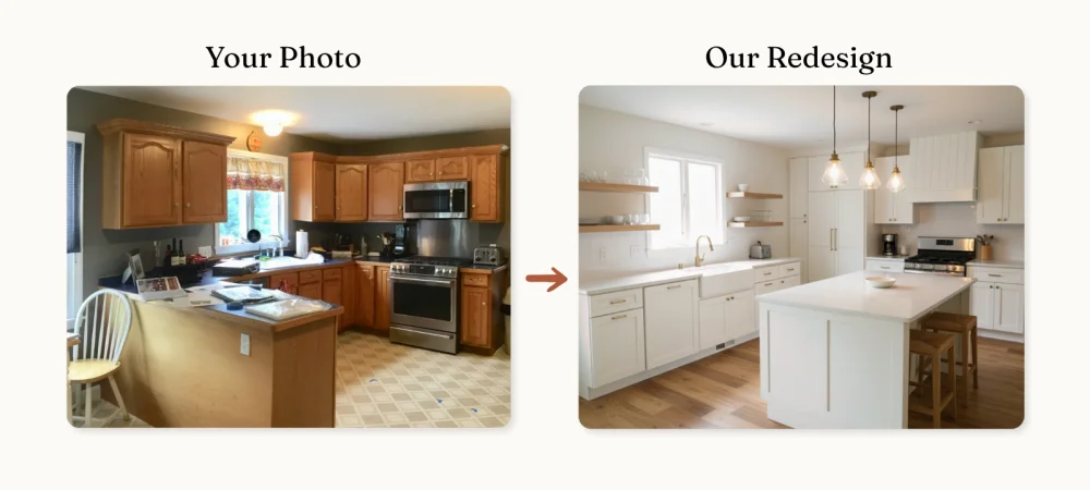 Example image of a kitchen a person wants to have remodeled and example image of that same space redesigned to a updated kitchen.