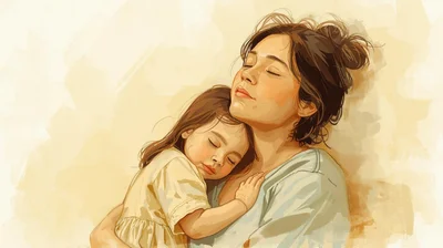 mamma con bambino in braccio respira occhi chiusi serena fiducia calma