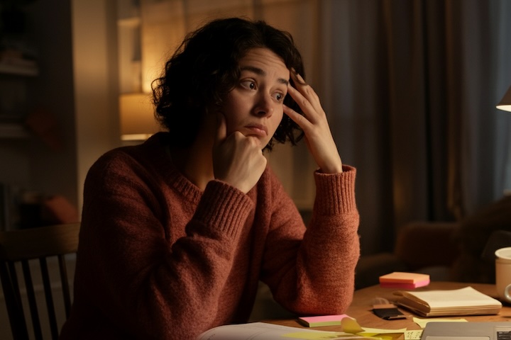 Woman stressing over bills.