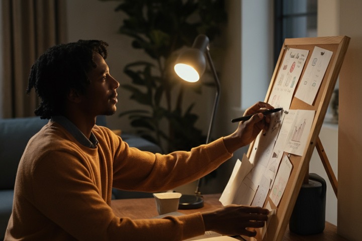 Man writing on planning board.