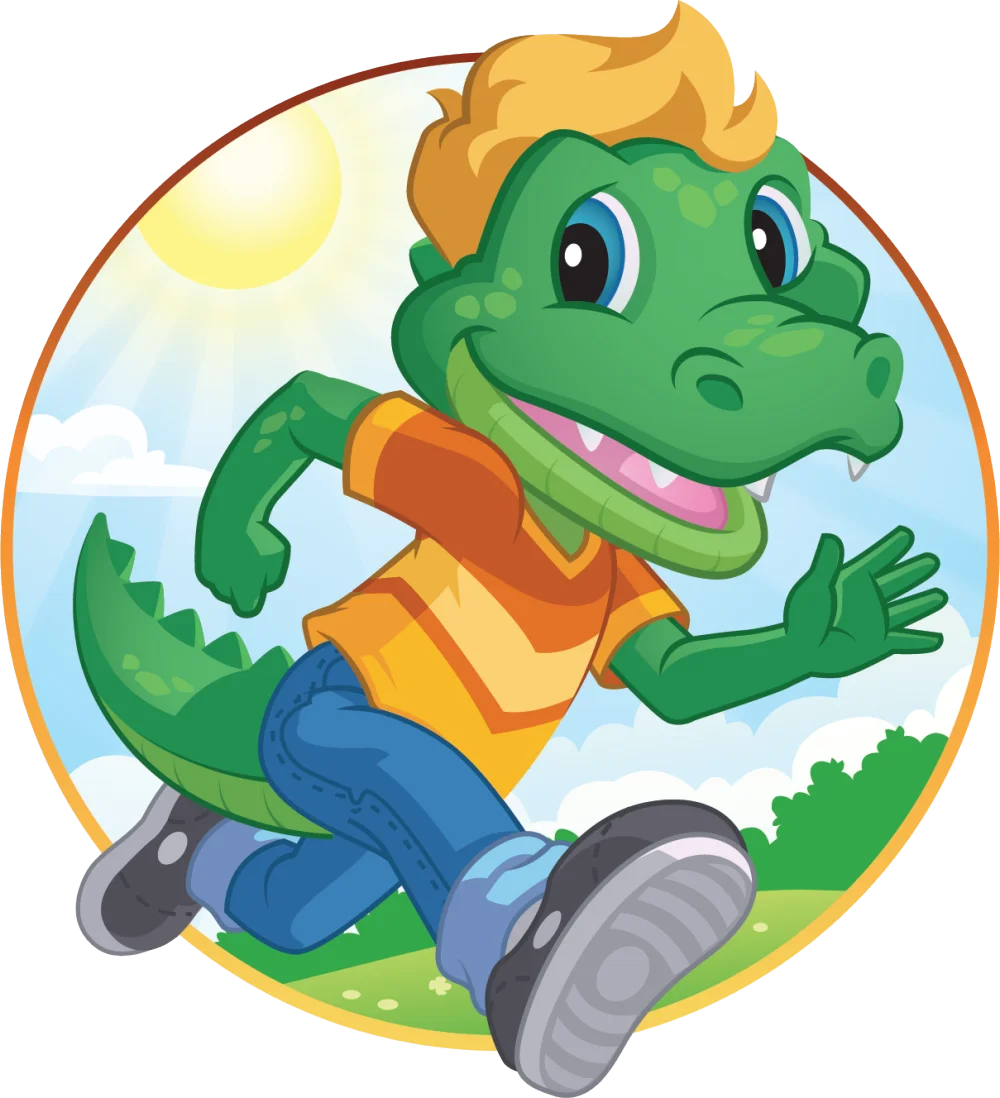 Little Gator running under a sunny sky. Morning routine character for calm, happy kids