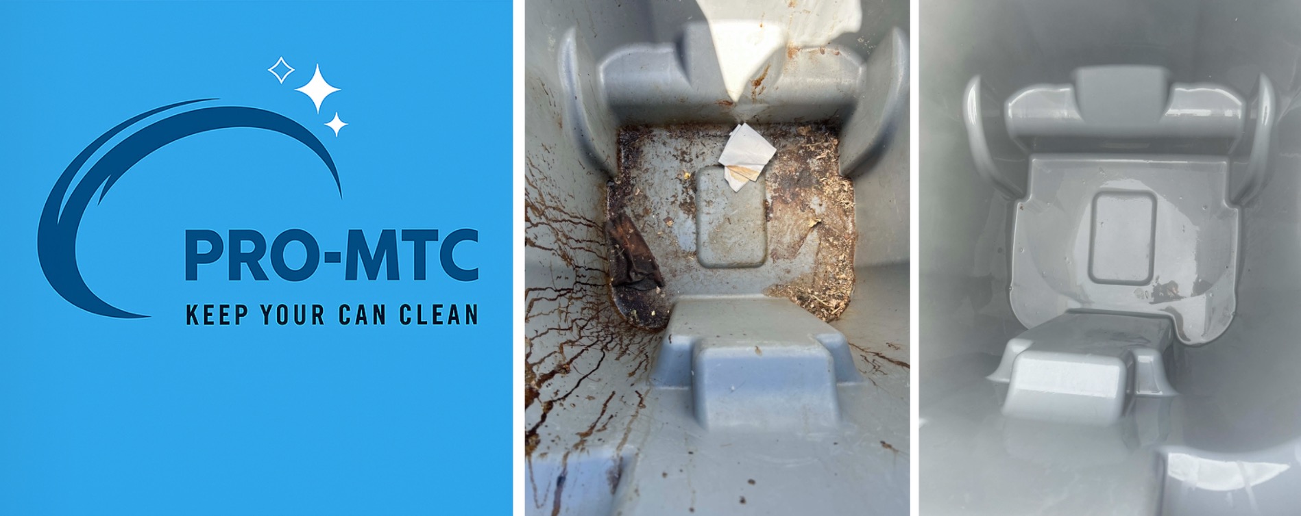 Pro-MTC's Logo followed with before and after pictures of a customers trash can!