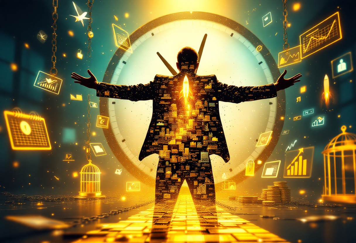 "Claim Your Spot in The Time Freedom Accelerator – Time Freedom Starts Here! A visually dynamic illustration of a business professional silhouetted against a glowing clock, surrounded by floating digital icons representing productivity, charts, calendars, and financial growth, symbolizing reclaiming time and achieving freedom. Bright golden tones emphasize transformation and success."