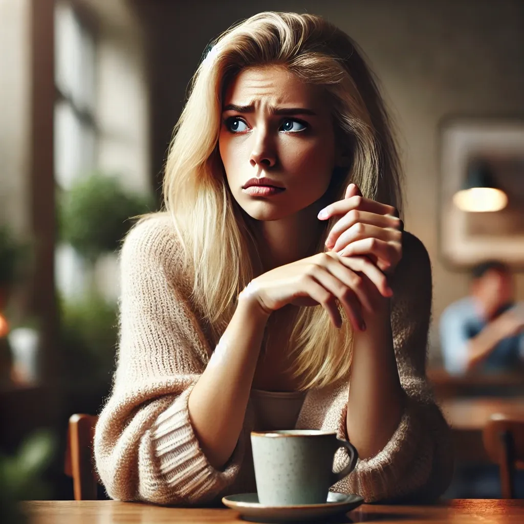 A blonde woman sitting at a table in a café or quiet space, holding a cup of coffee with both hands. She looks uncertain and deep in thought, staring off into the distance with a worried expression. Soft lighting creates an introspective and contemplative atmosphere, highlighting her emotional state and inner conflict.