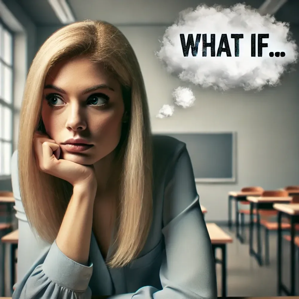 A woman standing in a room with a thoughtful expression, conveying a sense of uncertainty. She has her hand on her chin and is looking off into the distance, with neutral background tones reflecting her introspection.