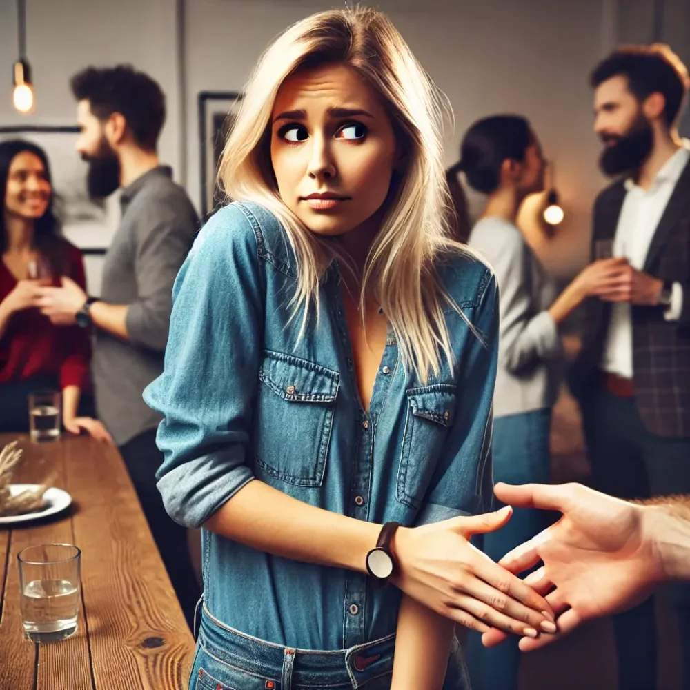 A blonde woman at a social gathering, standing near a group of people, looking anxious and hesitant. She is glancing nervously at the extended hands of others, her body language tense as she worries about shaking hands.