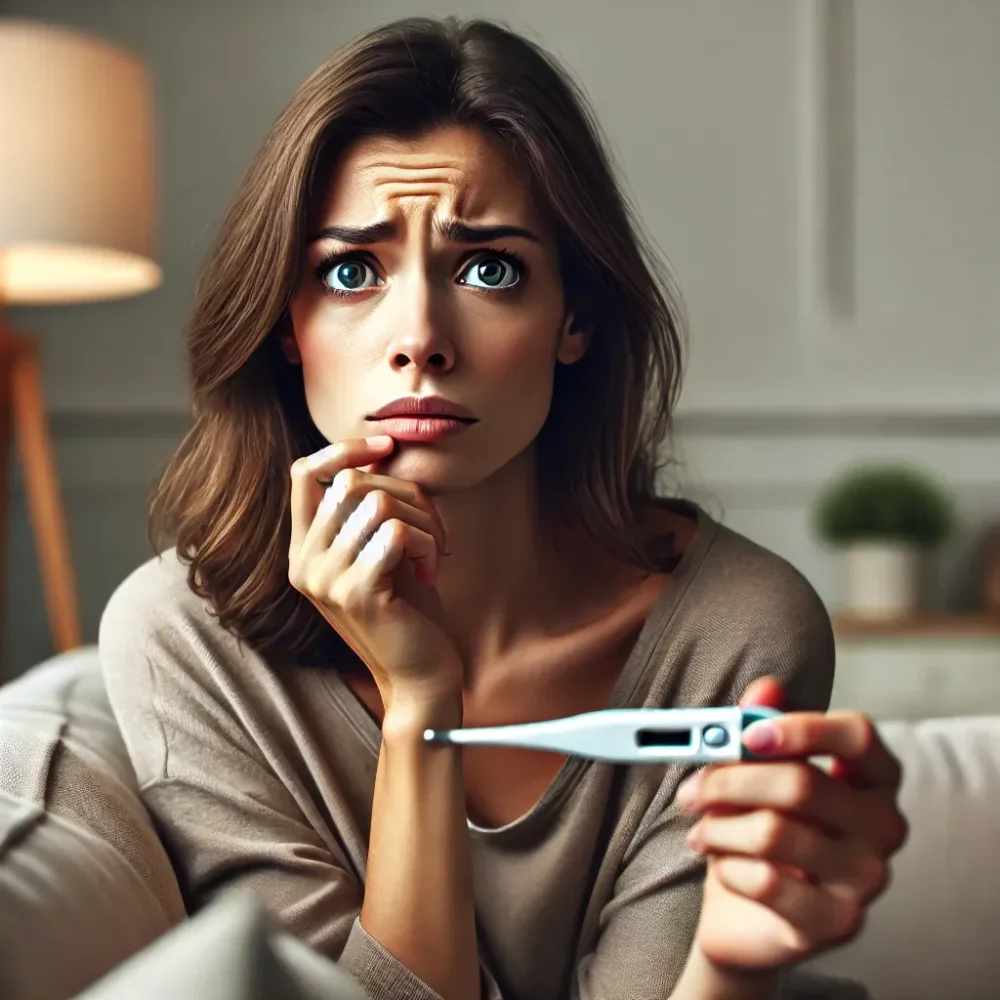 A woman sitting on a couch, looking worried and holding a thermometer in her mouth, with a concerned expression on her face, surrounded by soft lighting in a peaceful room.