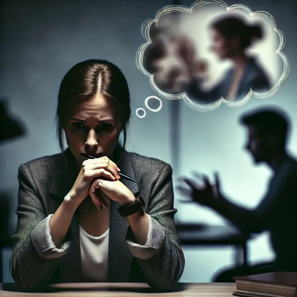 A woman sitting at a desk, looking anxious and distressed, staring at her hands, replaying past actions in her mind. A thought bubble in the background shows a blurry image of her interacting with someone, symbolizing her worry about hurting them.