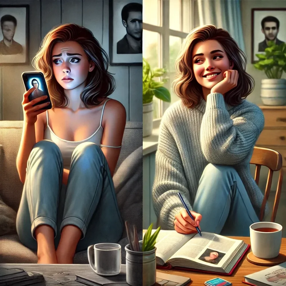 Here is the image of a woman checking her phone and feeling relieved, shown in a split screen.