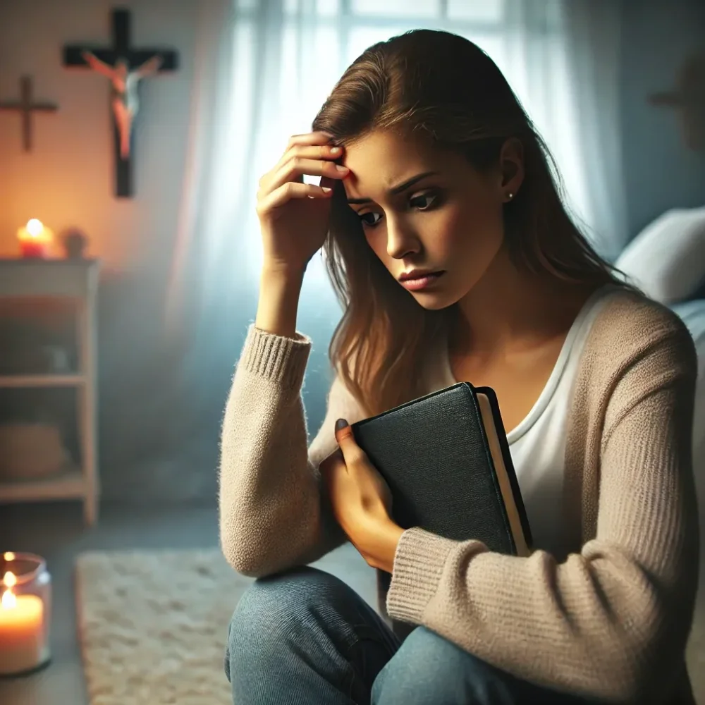 A Christian woman sitting in a quiet, peaceful room, holding a Bible in her hands and looking down at it with a worried expression. Soft lighting creates a calm atmosphere, while subtle religious symbols, like a cross on the wall and a lit candle, reflect her inner spiritual struggle and worry.