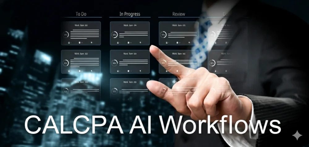 CALCPA AL Workflows graphic of a man touching a virtual menu