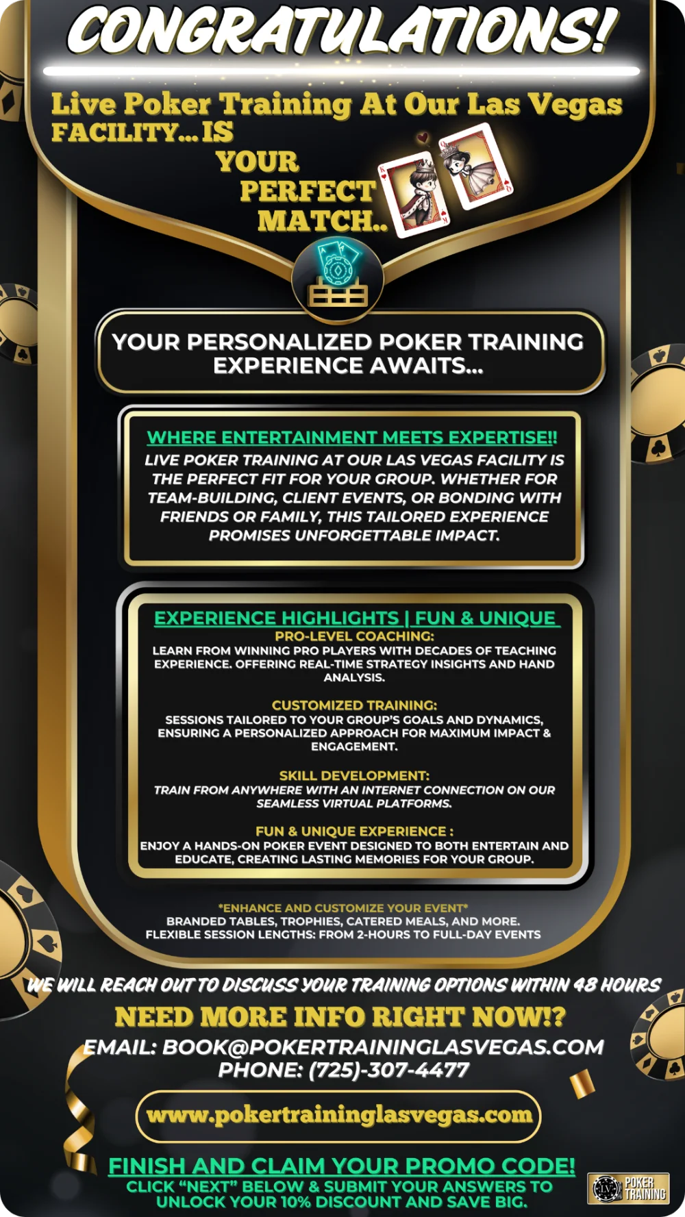 Poker training at Las Vegas facility graphic offering in-person professional poker coaching for corporate team building, bachelor party ideas, and high-end group activities, led by top poker coaches.