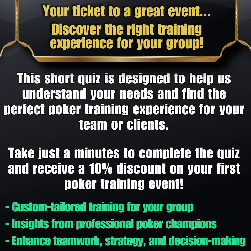 Poker coaching quiz introduction graphic connecting corporate event planners, private party hosts, and poker beginners to professional poker coaching for corporate fun events, team building activities, and VIP experiences.