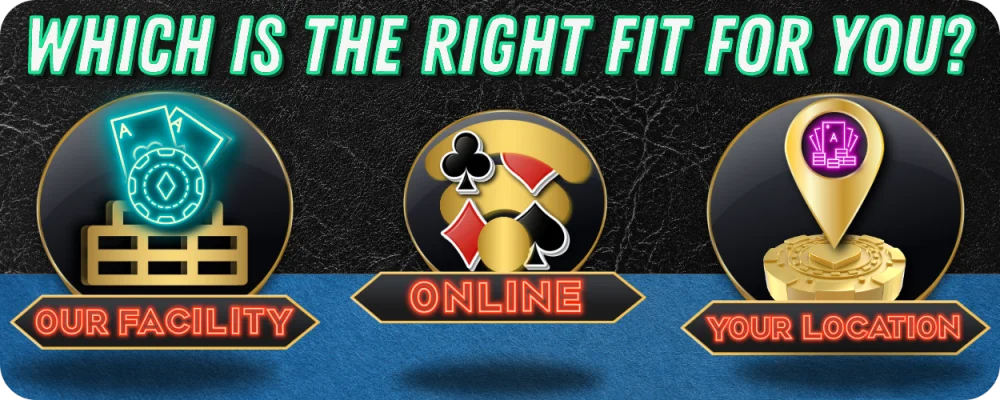 Poker training options graphic featuring high-end corporate event poker coaching experiences offered online, at your location, or at our Las Vegas poker training facility—perfect for team building activities for small groups and corporate party ideas.