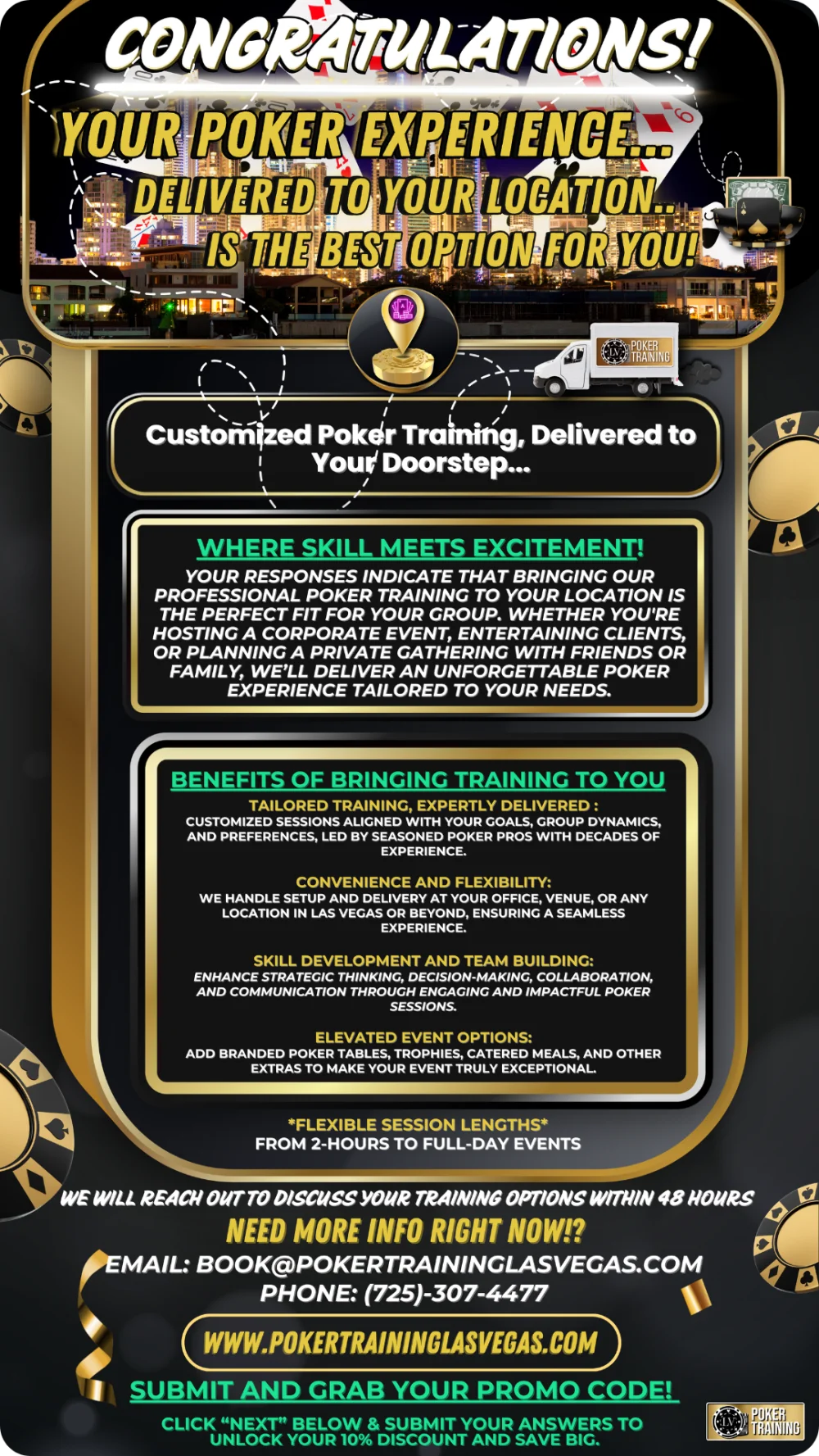 Poker training delivered to your location graphic promoting exclusive lifestyle events, corporate fun events that travel, and luxury private parties with professional poker coaching and advanced poker training.