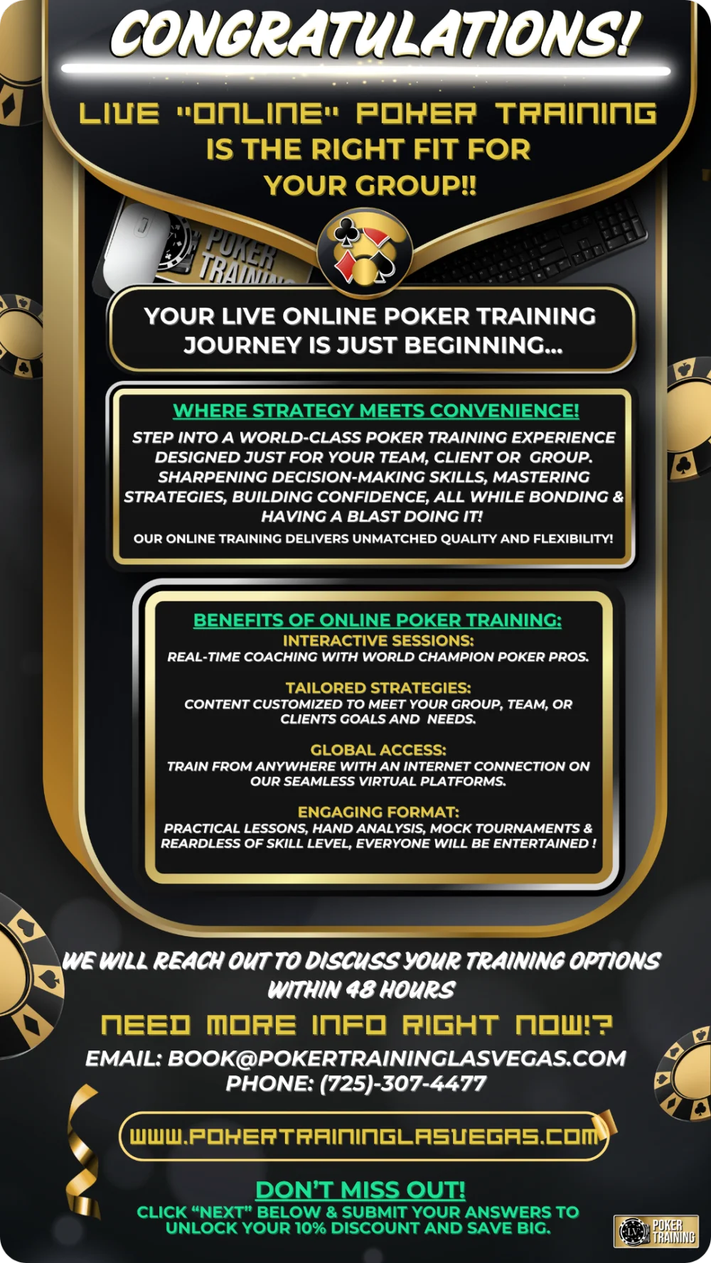 Online poker training graphic presenting virtual poker coaching with advanced poker strategies, online poker strategy lessons, and interactive team building games for corporate groups and remote teams.