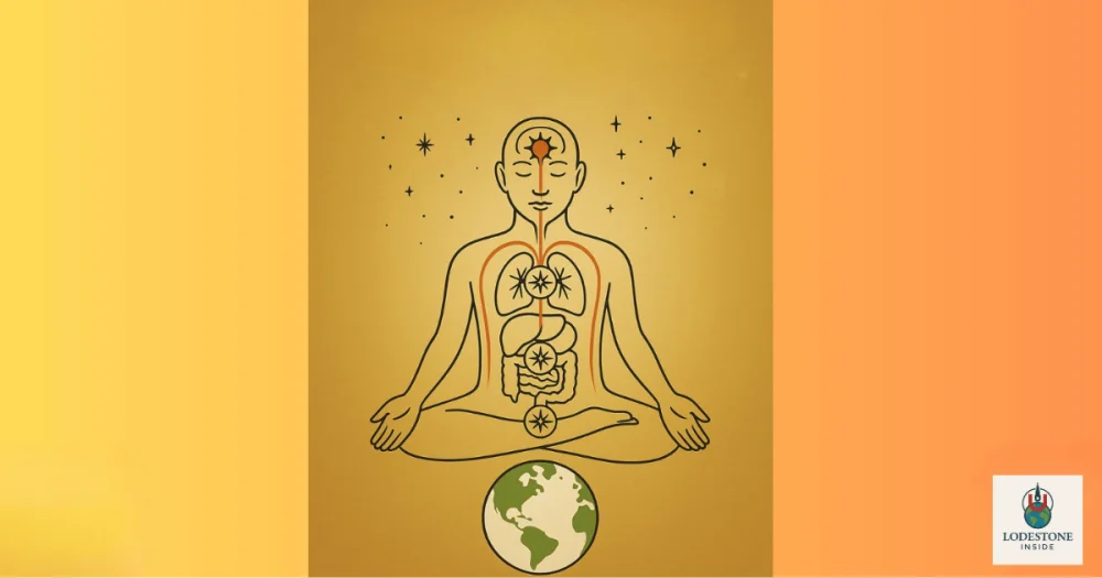 a human anatomical figure sits cross-legged meditating