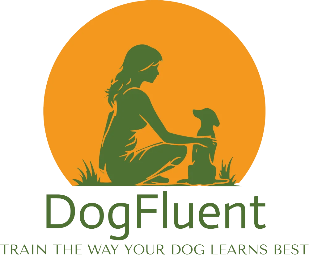 DogFluent logo: a silhouette of a woman and dog sitting together in green with an orange sun in the background. The tagline reads: Train the way your dog learns best.