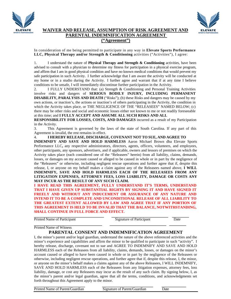 Waiver and Release, Assumption of Risk Agreement and Parental Indemnification Agreement