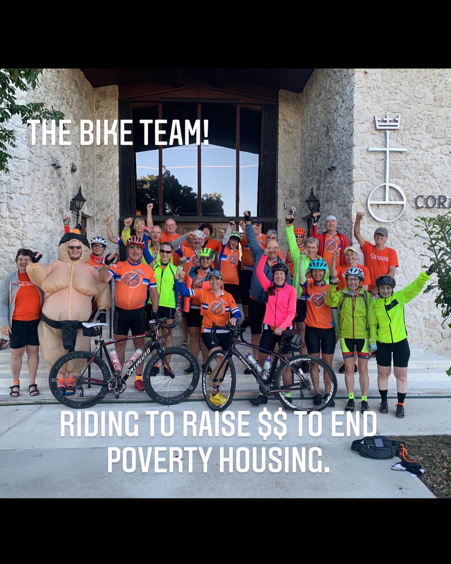 It takes all people and skills. Fuller Center volunteer bike team celebrating teamwork and community action to end poverty housing.
