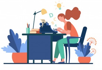 Woman typing on old typewriter - comic