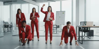 Five professionals in bright red business attire are positioned on a starting line marked on an office floor with arrows pointing forward. Two individuals are in a sprinter's starting crouch, ready to move, while others stand eagerly or check their watches, indicating readiness for action.