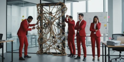 Five professionals in bright red business attire are in an office, facing a large, intricate tangle of ropes and wires, symbolizing a complex problem. One person actively tries to untangle it, another looks confused, and one woman holds her head in her hands, conveying frustration.