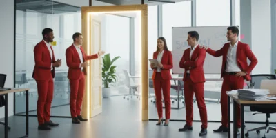 Five smiling professionals in bright red business attire are gathered around a glowing golden doorway in an office, representing new opportunities and success. One person gestures welcomingly towards the door, and a whiteboard in the background has "Success!" written on it, indicating achievement.