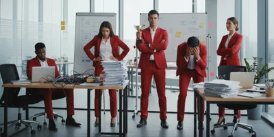Five professionals in bright red business attire are in an office setting, displaying mixed emotions about their roles. One person holds a trophy proudly, while another is slumped over a desk in despair. Other team members show expressions ranging from frustration to determination.