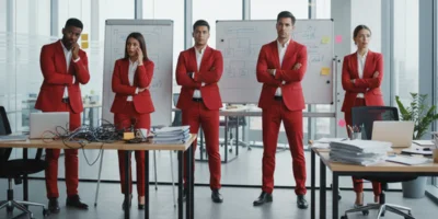 Five professionals in bright red business attire stand in an office. Some look thoughtful or concerned, while others appear uncertain. Desks with laptops and paperwork are visible, and whiteboards with notes are in the background, suggesting a dynamic but perhaps challenging work environment.
