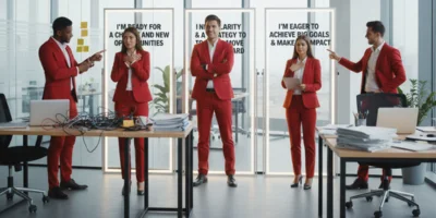Five professionals in bright red business attire are in an office, standing in front of three glowing vertical panels. Each panel displays a statement about career progression: "I'm ready for a change and new opportunities," "I need clarity & a strategy to move forward," and "I'm eager to achieve big goals & make an impact." Individuals point to the statements that resonate with them.