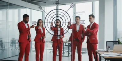 Five professionals in bright red business attire are in an office, collaborating around a clear glass panel where a target diagram with arrows pointing inward is drawn. They are pointing towards the center of the target, symbolizing focused goals and strategic planning.