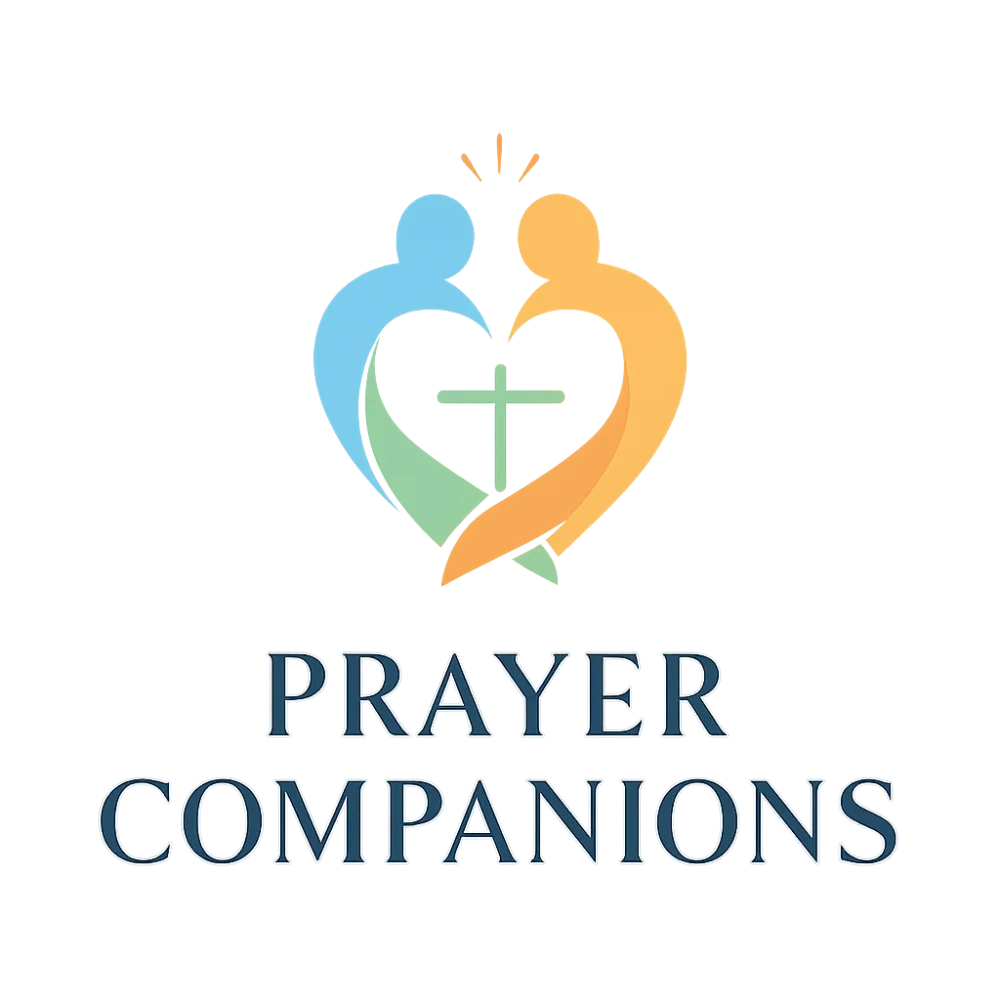 PRayer companions logo having representation of two people praying together to form a heart with a cross inside.