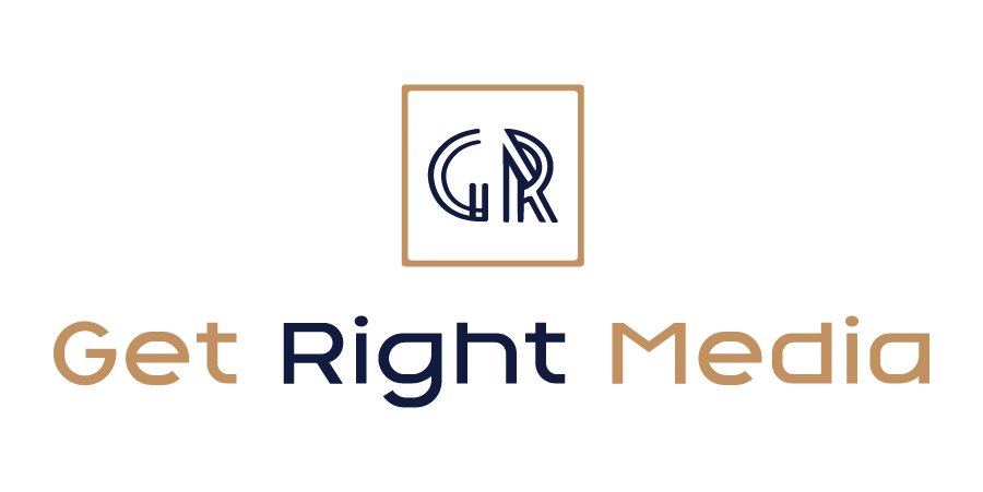 Get Right Media logo dark blue and gold