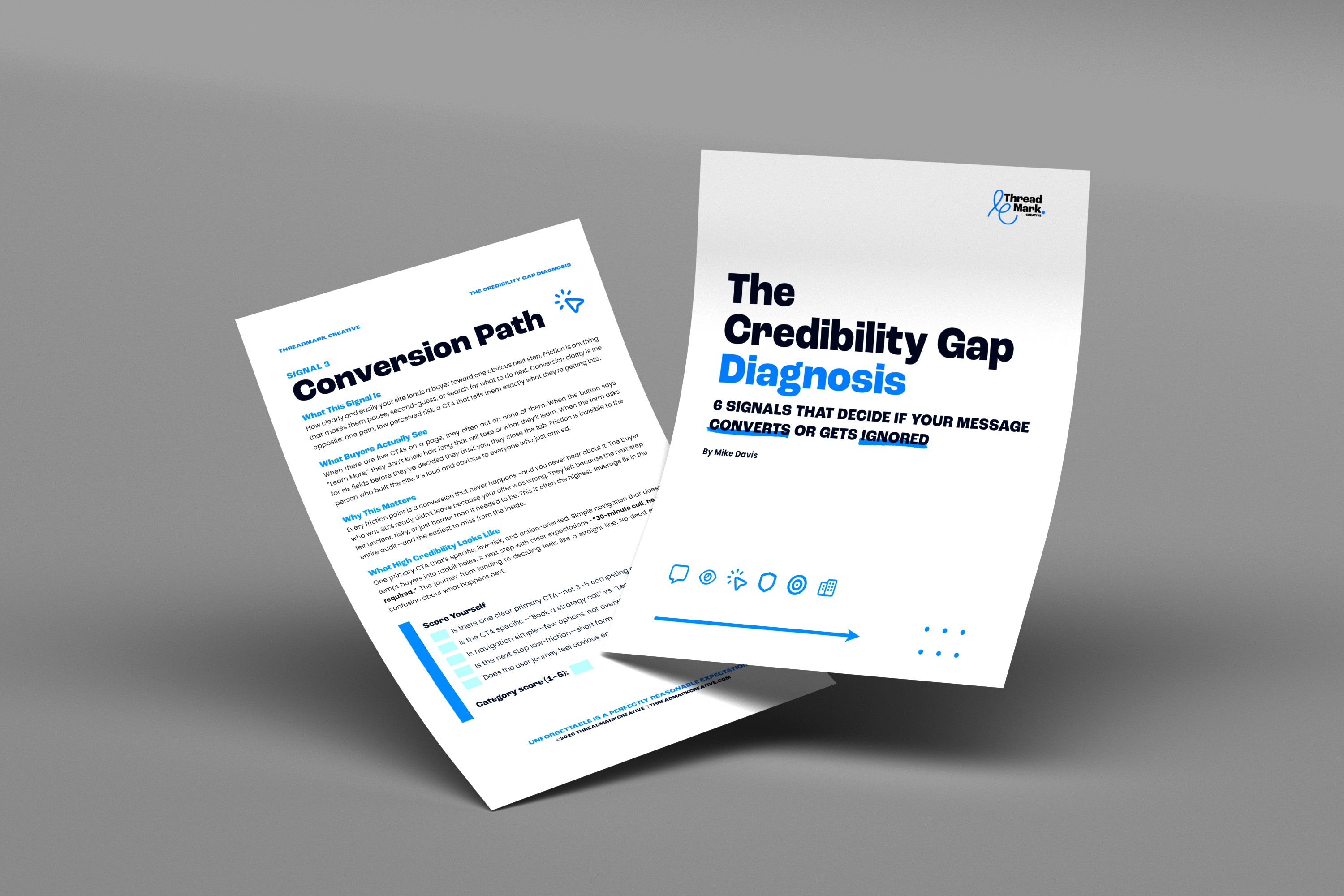 Promotional Mockup of Two pages from the Credibility Gap Diagnosis PDF.