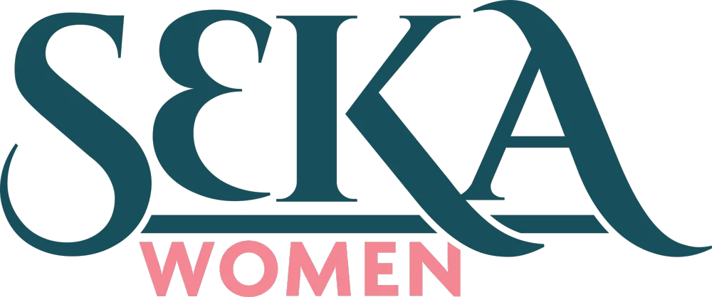 Seka Women logo featuring the word 'SEKA' in bold, elegant teal capital letters, with 'WOMEN' written in a soft pink uppercase font below.