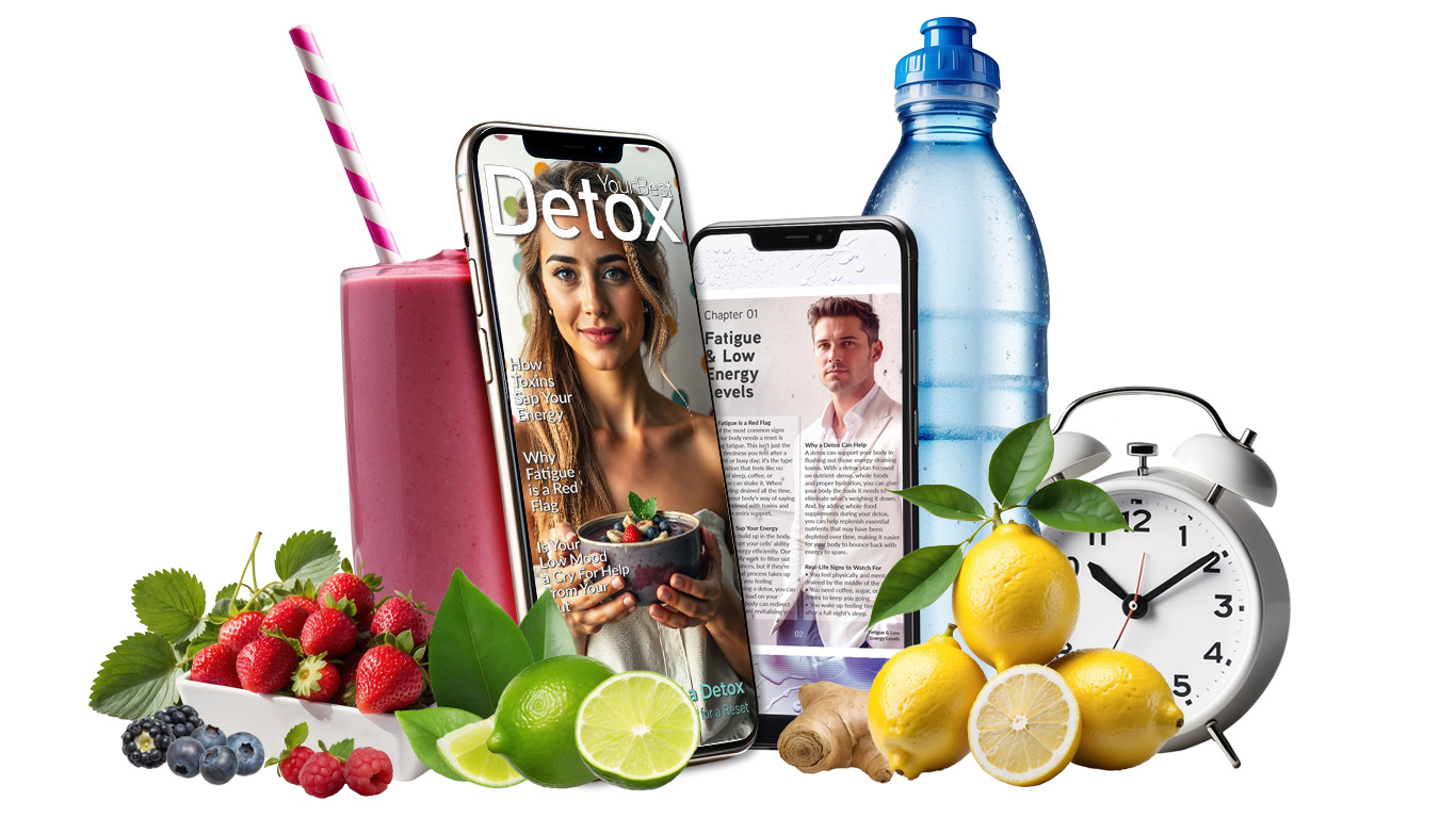 Digital detox guide previewed on mobile devices, surrounded by real ingredients like berries, lemon, ginger, and water — highlighting natural ways to reset the body.