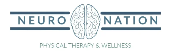 neuro nation physical therapy and wellness logo. white background with blue writing. brain in the middle of neuro and nation