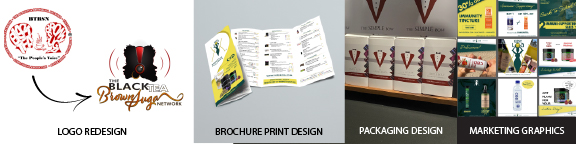 Logo design, a brochure and product packaging on boxes.