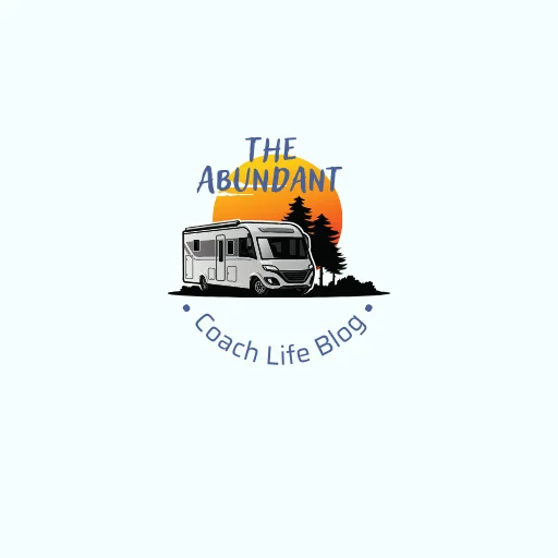 Logo of The Abundant Coach Life Blog large sunset with a motor coach and pine trees