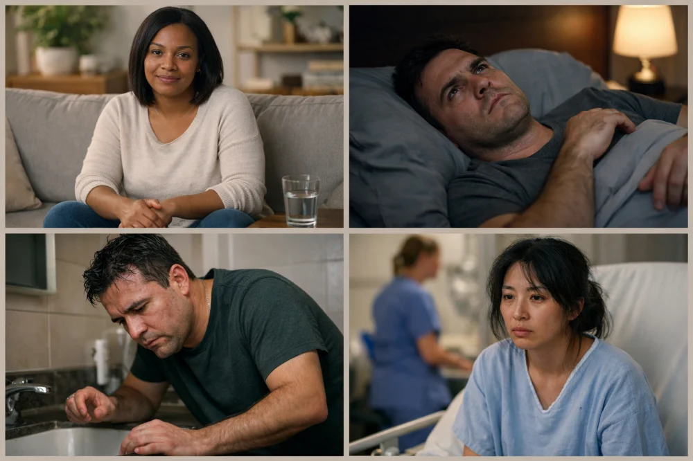 Four-panel scale showing answers to ‘When you stop or delay drinking, what happens?’ ranging from no withdrawal to mild withdrawal (cravings/sleep issues), moderate withdrawal (physical symptoms or morning drinking), and severe withdrawal (confusion, hallucinations, seizures, or needing medical help).
