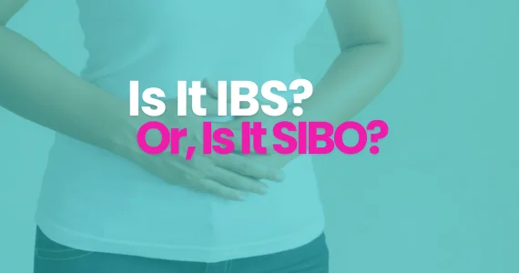 A woman holding her stomach with a pained expression, standing against a neutral background. The caption reads: "Is it IBS? Or, Is it SIBO?" written in bold, attention-grabbing text. The visual emphasizes digestive discomfort and invites viewers to explore the difference between the two conditions.
