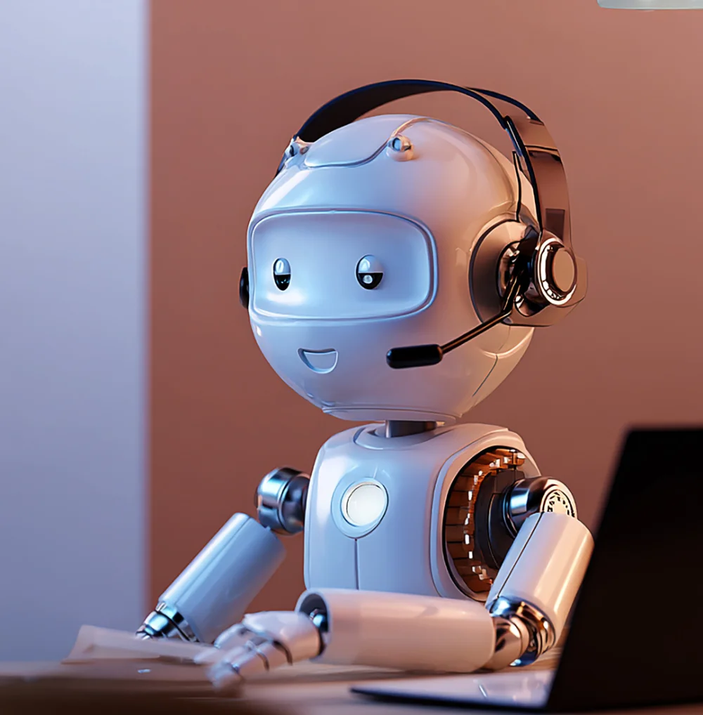 KI-Roboter mit Headset am Schreibtisch
