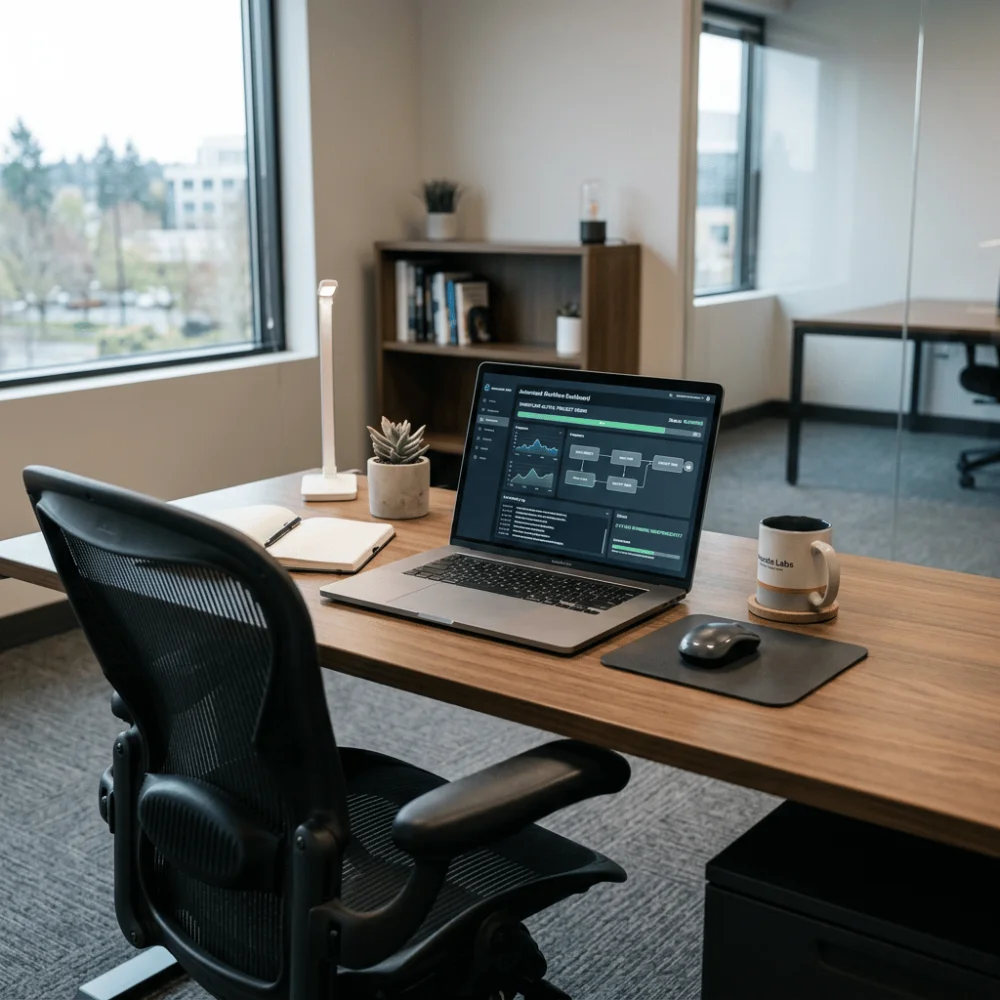 Empty office chair at a desk with an active workflow dashboard on a laptop screen, symbolizing systems running independently.