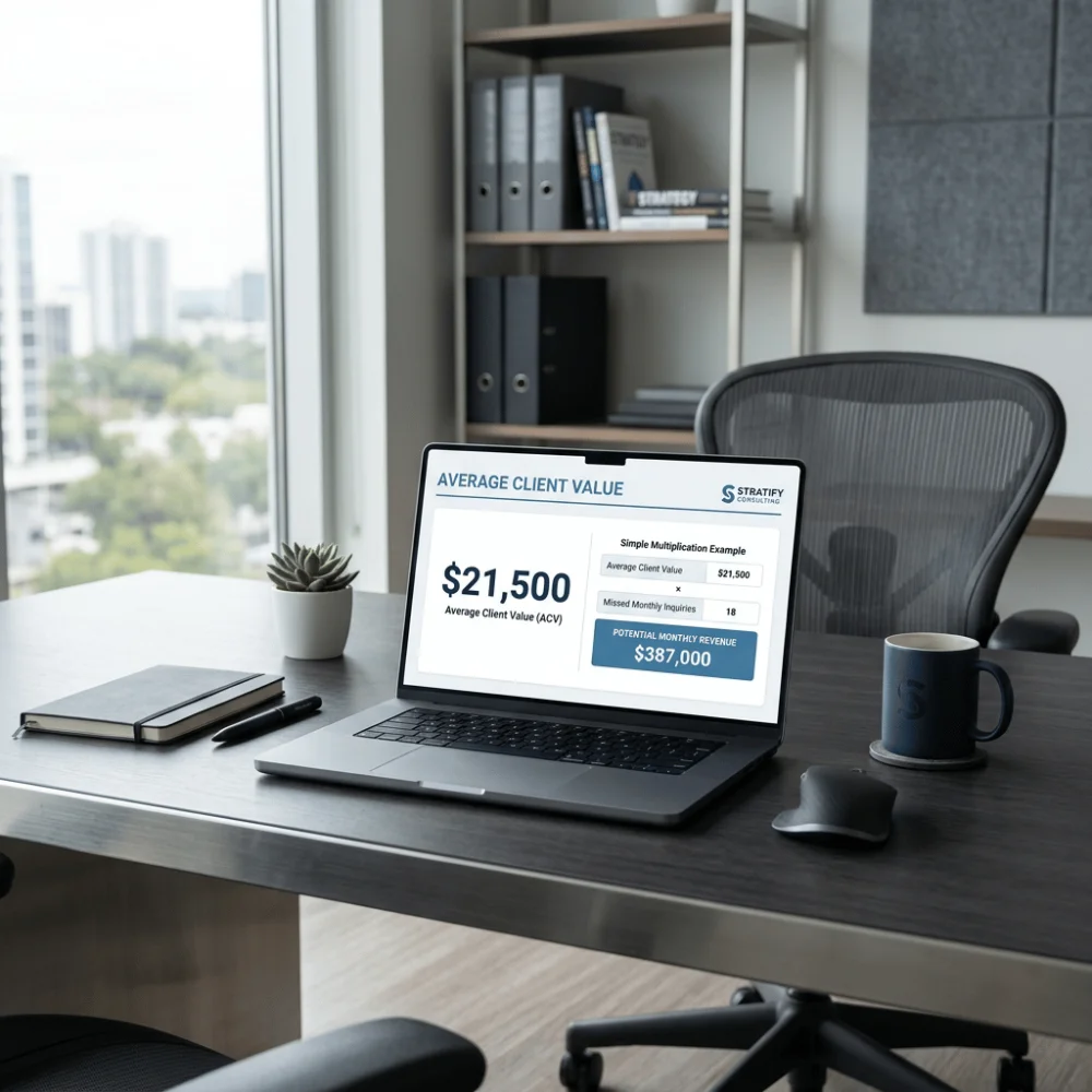 Modern office desk with laptop displaying a revenue calculator showing average client value and projected revenue impact.