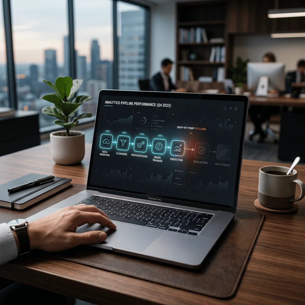 Digital sales pipeline displayed on a laptop screen with a visible drop-off point in a modern office environment.