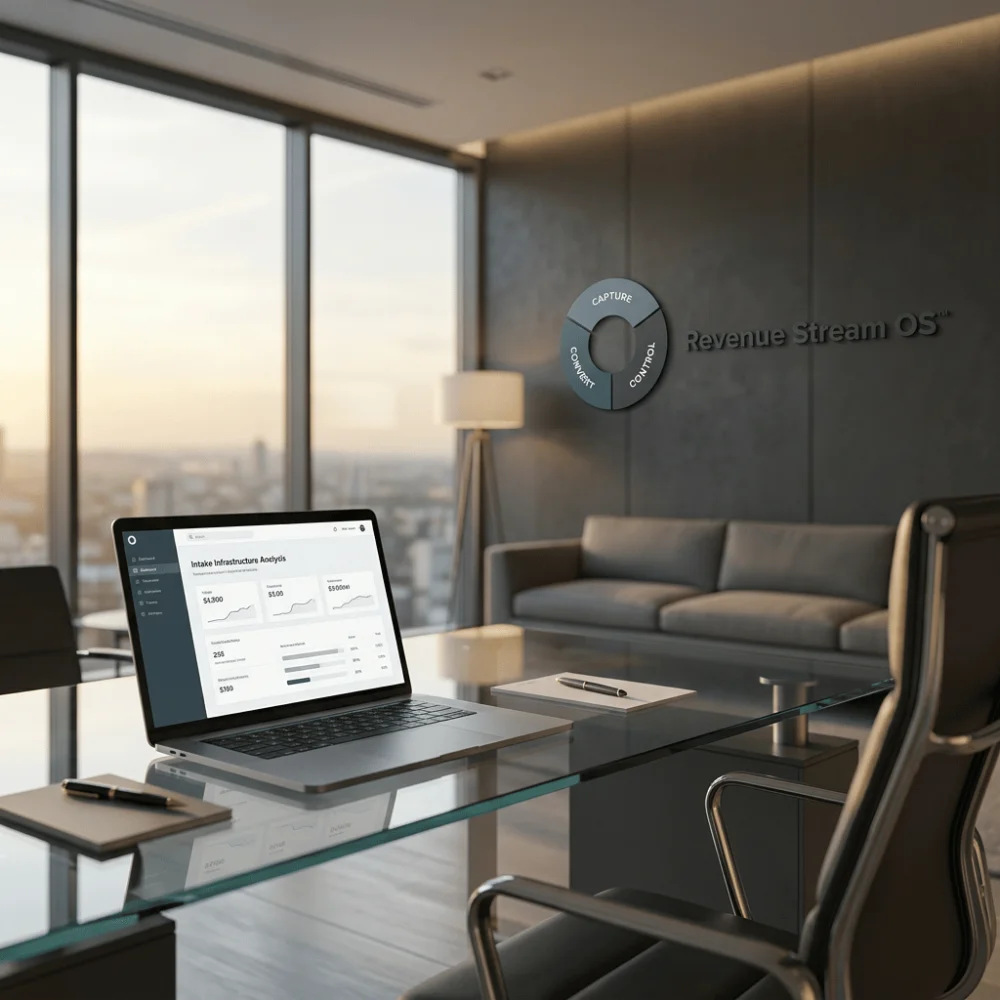 Modern executive office with glass desk and laptop displaying an intake analysis dashboard, Revenue Stream OS™ logo mounted on the wall in a clean, professional setting.