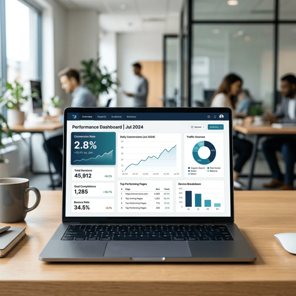 Laptop showing a clean analytics dashboard with highlighted conversion rate in a professional office setting.