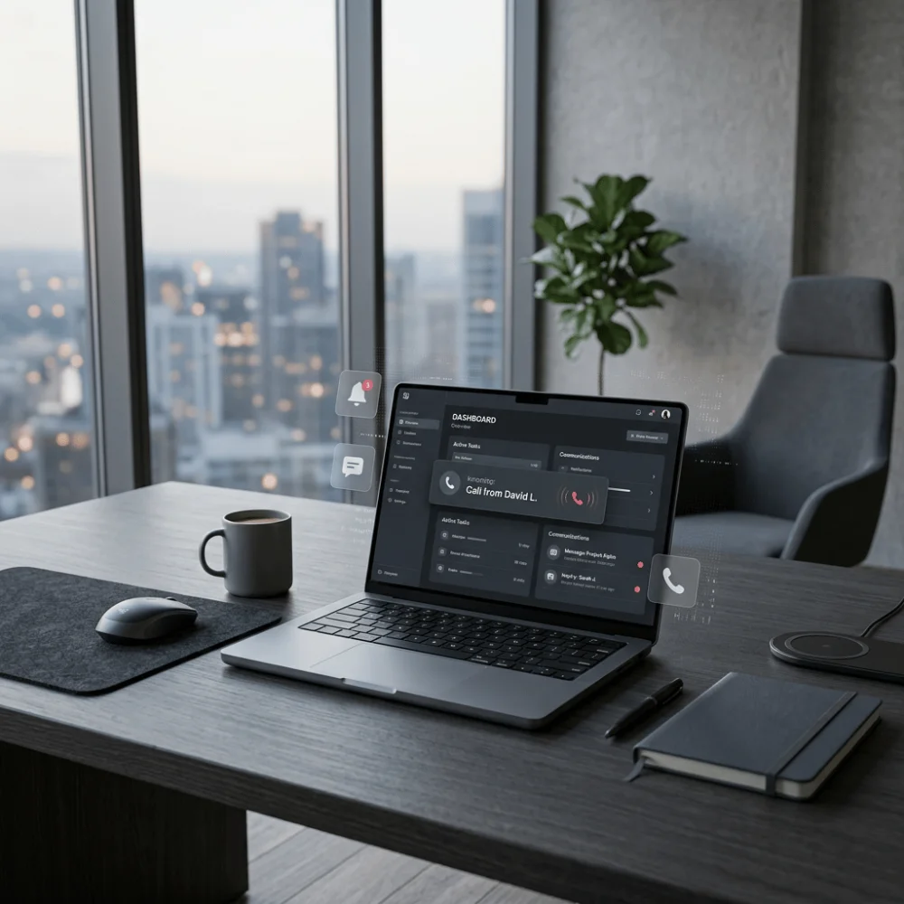 Laptop on a modern office desk displaying incoming call and message notifications on a dashboard in a structured business environment.